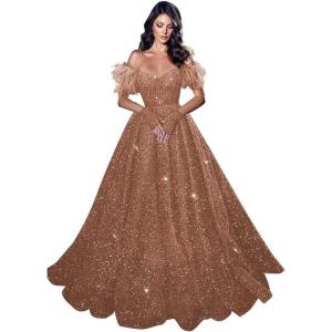 imageFeather Sequin Prom Dresses 2025 Plus Size Ball Gown Sparkly Off Shoulder Quinceanera Dresses for Women FormalDusty Rose