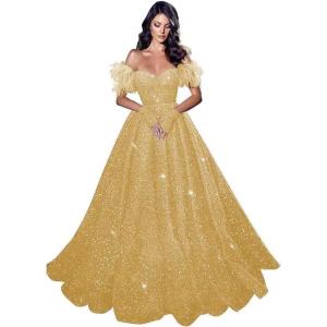 imageFeather Sequin Prom Dresses 2025 Plus Size Ball Gown Sparkly Off Shoulder Quinceanera Dresses for Women FormalGold