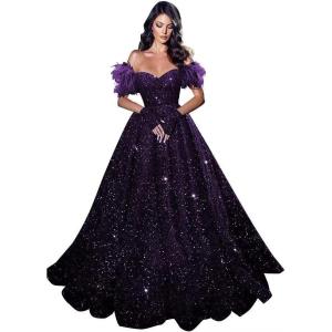 imageFeather Sequin Prom Dresses 2025 Plus Size Ball Gown Sparkly Off Shoulder Quinceanera Dresses for Women FormalGrape