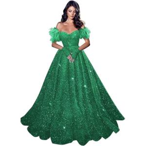 imageFeather Sequin Prom Dresses 2025 Plus Size Ball Gown Sparkly Off Shoulder Quinceanera Dresses for Women FormalGreen