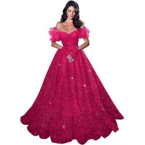 imageFeather Sequin Prom Dresses 2025 Plus Size Ball Gown Sparkly Off Shoulder Quinceanera Dresses for Women FormalHot Pink
