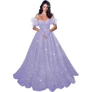 imageFeather Sequin Prom Dresses 2025 Plus Size Ball Gown Sparkly Off Shoulder Quinceanera Dresses for Women FormalLavender