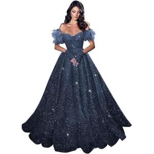 imageFeather Sequin Prom Dresses 2025 Plus Size Ball Gown Sparkly Off Shoulder Quinceanera Dresses for Women FormalNavy Blue