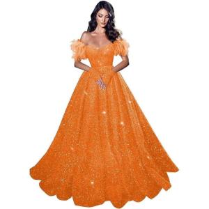 imageFeather Sequin Prom Dresses 2025 Plus Size Ball Gown Sparkly Off Shoulder Quinceanera Dresses for Women FormalOrange