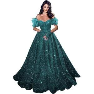 imageFeather Sequin Prom Dresses 2025 Plus Size Ball Gown Sparkly Off Shoulder Quinceanera Dresses for Women FormalPeacock