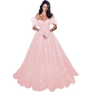 imageFeather Sequin Prom Dresses 2025 Plus Size Ball Gown Sparkly Off Shoulder Quinceanera Dresses for Women FormalPink