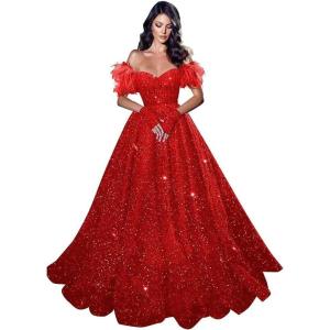 imageFeather Sequin Prom Dresses 2025 Plus Size Ball Gown Sparkly Off Shoulder Quinceanera Dresses for Women FormalRed