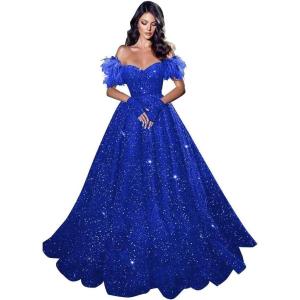 imageFeather Sequin Prom Dresses 2025 Plus Size Ball Gown Sparkly Off Shoulder Quinceanera Dresses for Women FormalRoyal Blue
