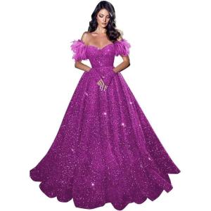 imageFeather Sequin Prom Dresses 2025 Plus Size Ball Gown Sparkly Off Shoulder Quinceanera Dresses for Women FormalRoyal Purple
