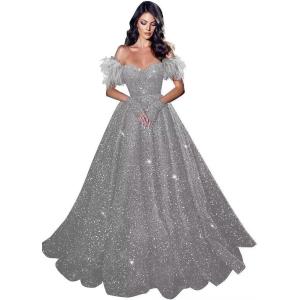 imageFeather Sequin Prom Dresses 2025 Plus Size Ball Gown Sparkly Off Shoulder Quinceanera Dresses for Women FormalSilver