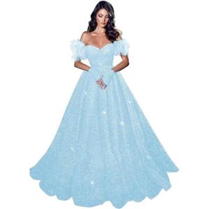imageFeather Sequin Prom Dresses 2025 Plus Size Ball Gown Sparkly Off Shoulder Quinceanera Dresses for Women FormalSky Blue
