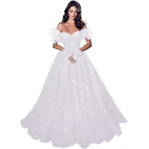 imageFeather Sequin Prom Dresses 2025 Plus Size Ball Gown Sparkly Off Shoulder Quinceanera Dresses for Women FormalWhite