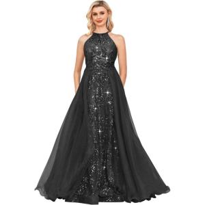 imageHalter Sequin Prom Dresses for Women Plus Size Ball Gown with Cape Sparkly Evening GownsBlack