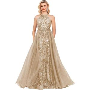 imageHalter Sequin Prom Dresses for Women Plus Size Ball Gown with Cape Sparkly Evening GownsChampagne