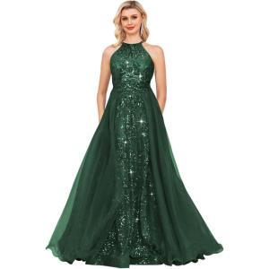 imageHalter Sequin Prom Dresses for Women Plus Size Ball Gown with Cape Sparkly Evening GownsEmerald Green