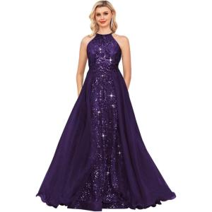 imageHalter Sequin Prom Dresses for Women Plus Size Ball Gown with Cape Sparkly Evening GownsGrape