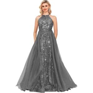 imageHalter Sequin Prom Dresses for Women Plus Size Ball Gown with Cape Sparkly Evening GownsGrey