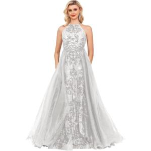 imageHalter Sequin Prom Dresses for Women Plus Size Ball Gown with Cape Sparkly Evening GownsIvory