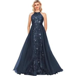 imageHalter Sequin Prom Dresses for Women Plus Size Ball Gown with Cape Sparkly Evening GownsNavy Blue