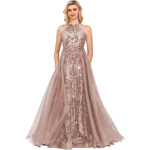 imageHalter Sequin Prom Dresses for Women Plus Size Ball Gown with Cape Sparkly Evening GownsRose Gold