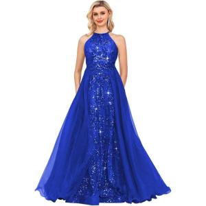 imageHalter Sequin Prom Dresses for Women Plus Size Ball Gown with Cape Sparkly Evening GownsRoyal Blue
