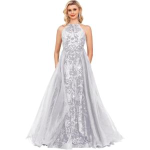 imageHalter Sequin Prom Dresses for Women Plus Size Ball Gown with Cape Sparkly Evening GownsWhite