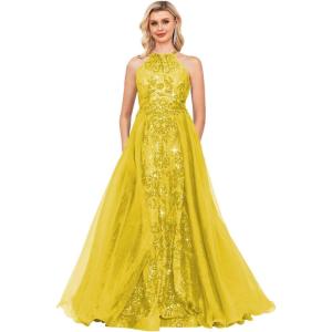 imageHalter Sequin Prom Dresses for Women Plus Size Ball Gown with Cape Sparkly Evening GownsYellow