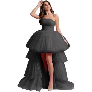 imageHigh Low Tulle Prom Dresses Long Strapless Tiered Formal Dresses A Line Evening Dress with TrainBlack