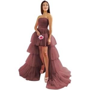 imageHigh Low Tulle Prom Dresses Long Strapless Tiered Formal Dresses A Line Evening Dress with TrainBurgundy