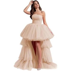 imageHigh Low Tulle Prom Dresses Long Strapless Tiered Formal Dresses A Line Evening Dress with TrainChampagne