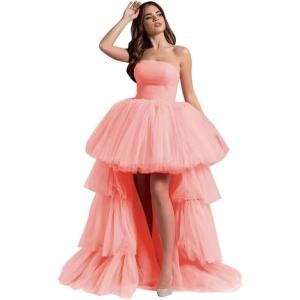 imageHigh Low Tulle Prom Dresses Long Strapless Tiered Formal Dresses A Line Evening Dress with TrainCoral