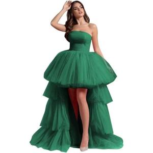 imageHigh Low Tulle Prom Dresses Long Strapless Tiered Formal Dresses A Line Evening Dress with TrainDarkgreen