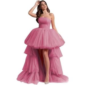 imageHigh Low Tulle Prom Dresses Long Strapless Tiered Formal Dresses A Line Evening Dress with TrainDesert Rose