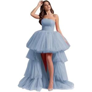 imageHigh Low Tulle Prom Dresses Long Strapless Tiered Formal Dresses A Line Evening Dress with TrainDusty Blue
