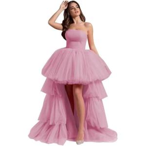 imageHigh Low Tulle Prom Dresses Long Strapless Tiered Formal Dresses A Line Evening Dress with TrainDustypink