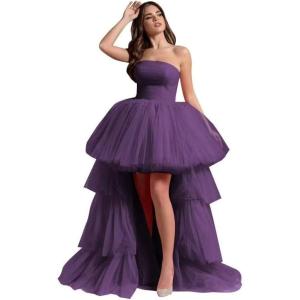 imageHigh Low Tulle Prom Dresses Long Strapless Tiered Formal Dresses A Line Evening Dress with TrainGrape