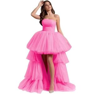 imageHigh Low Tulle Prom Dresses Long Strapless Tiered Formal Dresses A Line Evening Dress with TrainHot Pink
