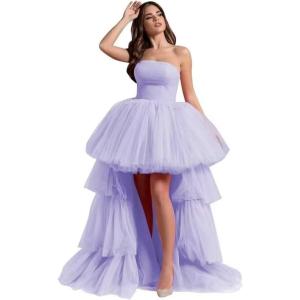 imageHigh Low Tulle Prom Dresses Long Strapless Tiered Formal Dresses A Line Evening Dress with TrainLavender