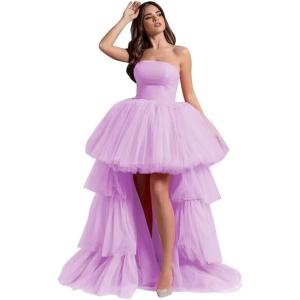 imageHigh Low Tulle Prom Dresses Long Strapless Tiered Formal Dresses A Line Evening Dress with TrainLilac