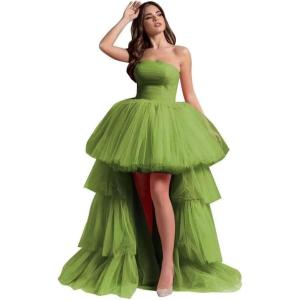 imageHigh Low Tulle Prom Dresses Long Strapless Tiered Formal Dresses A Line Evening Dress with TrainOlive
