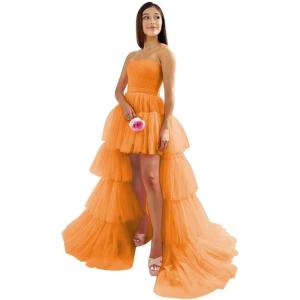 imageHigh Low Tulle Prom Dresses Long Strapless Tiered Formal Dresses A Line Evening Dress with TrainOrange