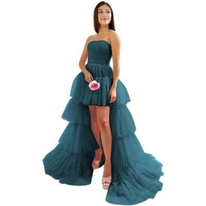 imageHigh Low Tulle Prom Dresses Long Strapless Tiered Formal Dresses A Line Evening Dress with TrainPeacock