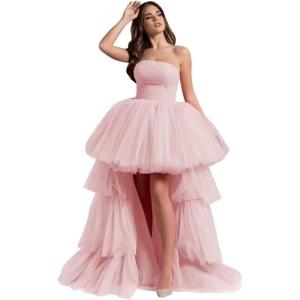 imageHigh Low Tulle Prom Dresses Long Strapless Tiered Formal Dresses A Line Evening Dress with TrainPink