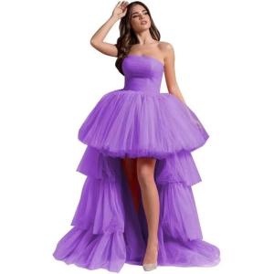 imageHigh Low Tulle Prom Dresses Long Strapless Tiered Formal Dresses A Line Evening Dress with TrainPurple