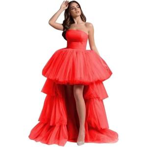 imageHigh Low Tulle Prom Dresses Long Strapless Tiered Formal Dresses A Line Evening Dress with TrainRed