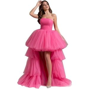 imageHigh Low Tulle Prom Dresses Long Strapless Tiered Formal Dresses A Line Evening Dress with TrainRose Red