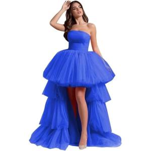imageHigh Low Tulle Prom Dresses Long Strapless Tiered Formal Dresses A Line Evening Dress with TrainRoyal Blue