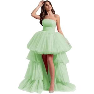 imageHigh Low Tulle Prom Dresses Long Strapless Tiered Formal Dresses A Line Evening Dress with TrainSage Green
