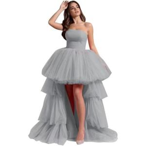 imageHigh Low Tulle Prom Dresses Long Strapless Tiered Formal Dresses A Line Evening Dress with TrainSilver