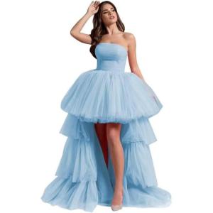 imageHigh Low Tulle Prom Dresses Long Strapless Tiered Formal Dresses A Line Evening Dress with TrainSky Blue